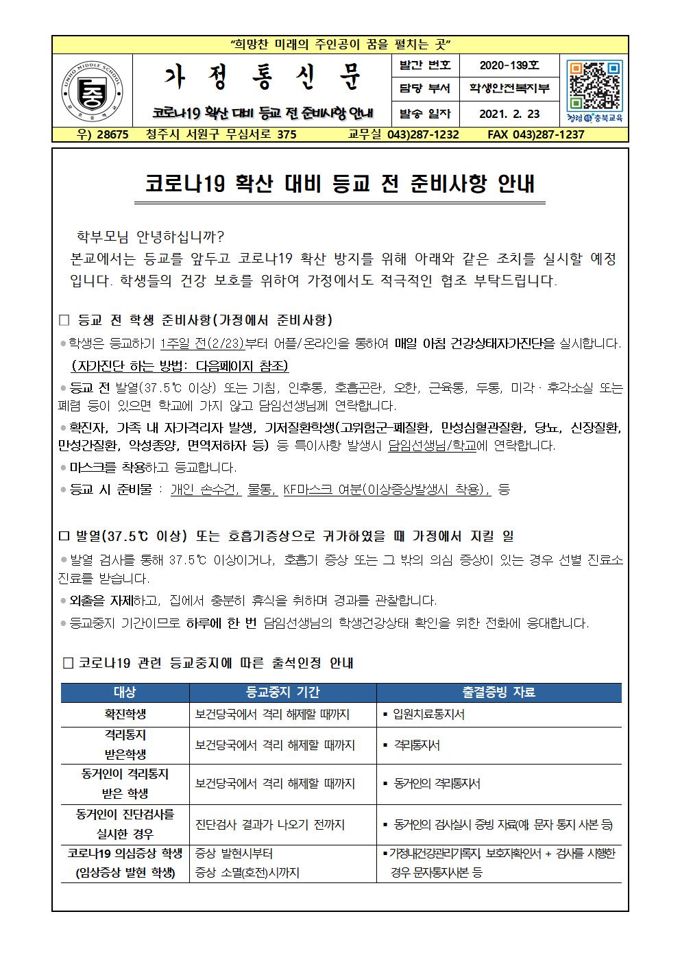 코로나19 확산 대비 등교 전 준비사항 안내001