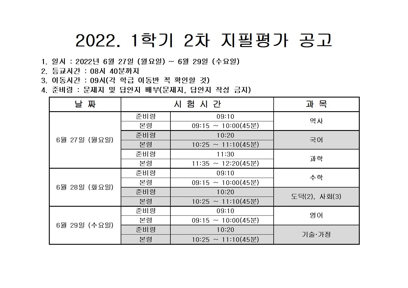 2022학년도 1학기 2차 지필평가 공고문001